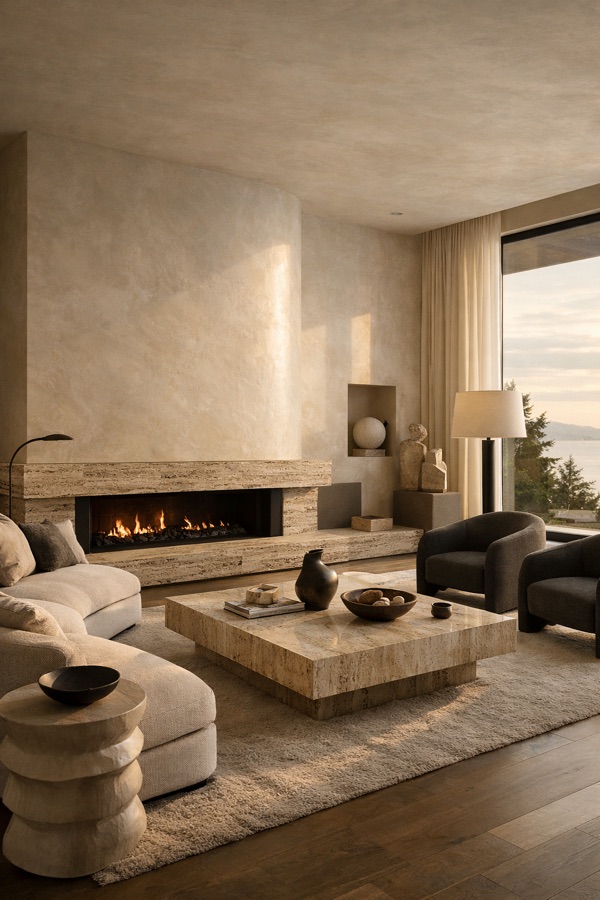 Warm Marmorino mineral plaster wall in a refined residential interior