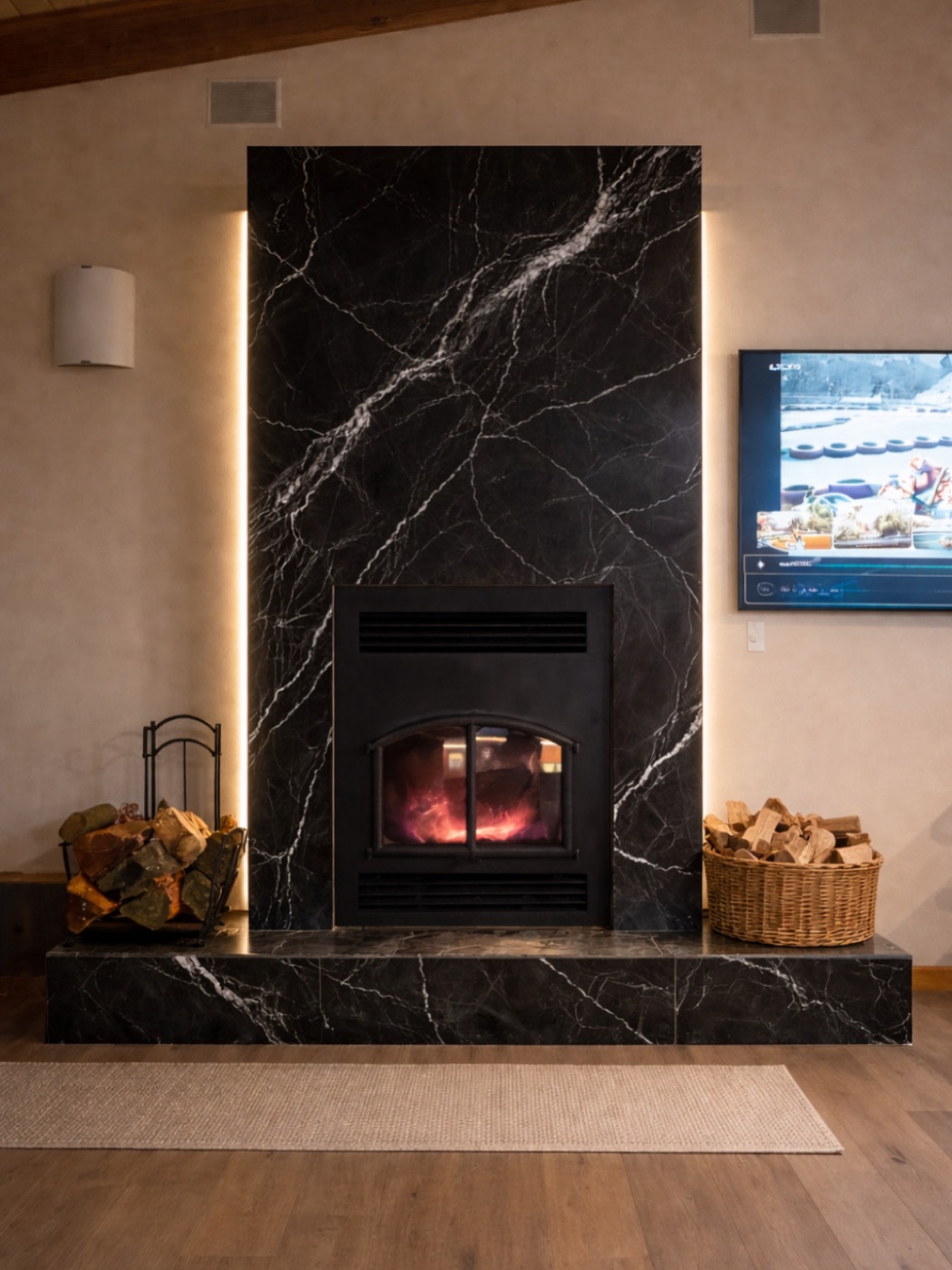 Luxury marble fireplace wall in Vancouver