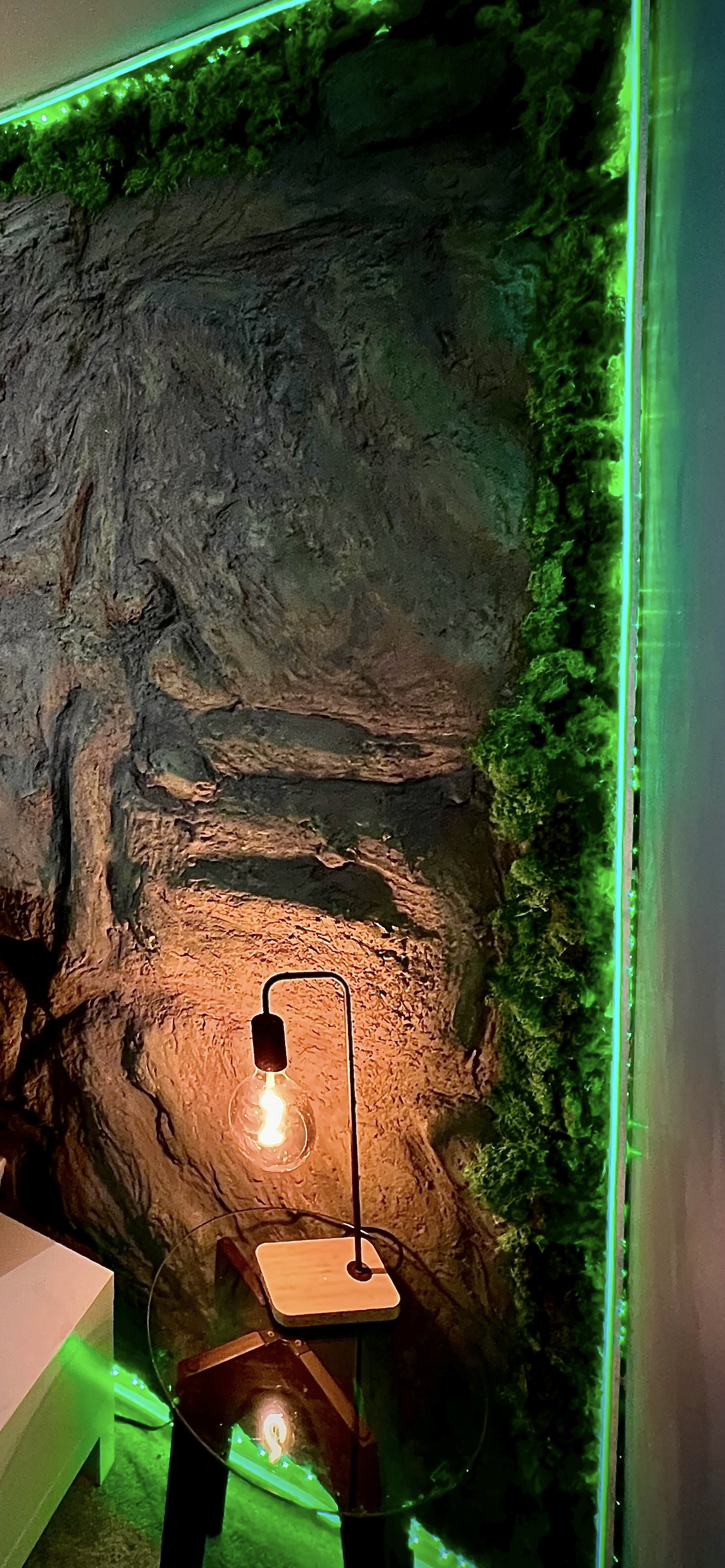 Sculptural feature wall detail with moss and green accent lighting
