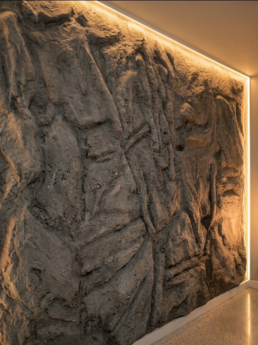 Completed hand-sculpted architectural stone feature wall with moss and lighting