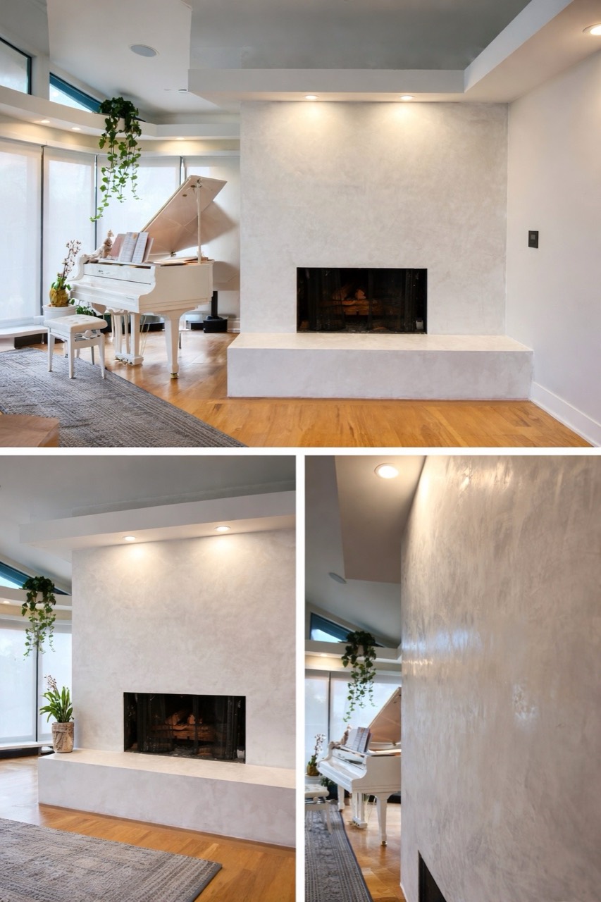 Finished West Vancouver fireplace transformed with a light Marmorino surface